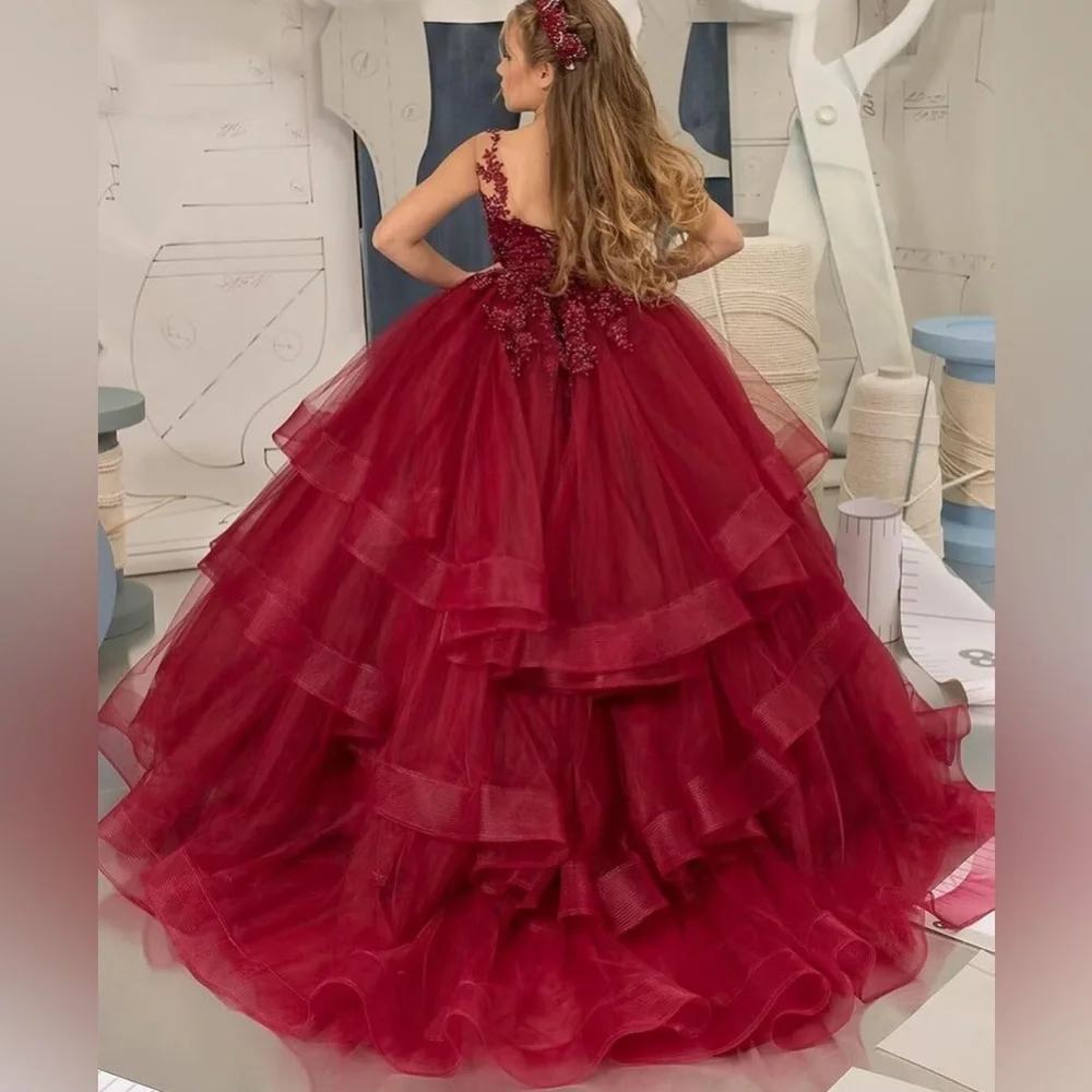 Girls' Special Occasion Tulle Tiered Dress with lace appliqué.